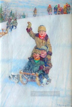 Nikolay Petrovich Bogdanov Belsky Painting - Patinando desde la montaña Nikolay Bogdanov Belsky